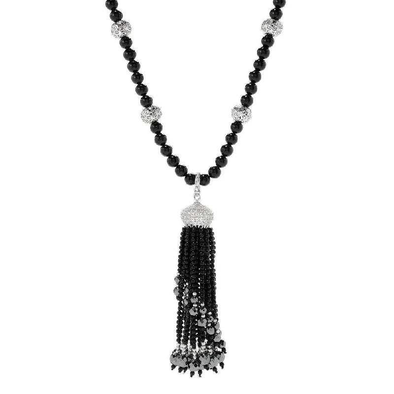 engraved bar pendant necklace with names-Sterling Silver 30" Onyx, Hematite & White Topaz Bead Tassel Necklace