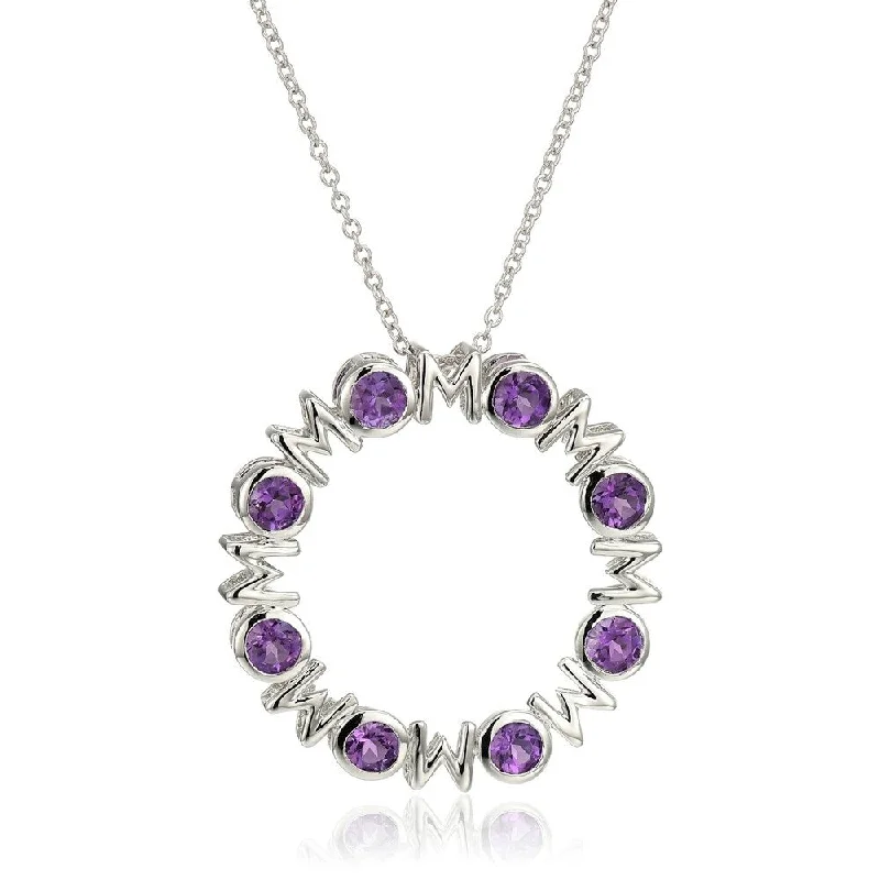 personalized silver pendant necklace with birthstone-Sterling Silver African Amethyst Mom Pendant Necklace, 18"