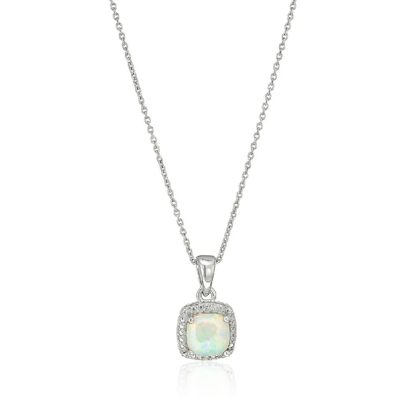 engraved custom bar pendant necklace for her-Sterling Silver Created Opal & Diamond Accented Pendant Necklace, 18"