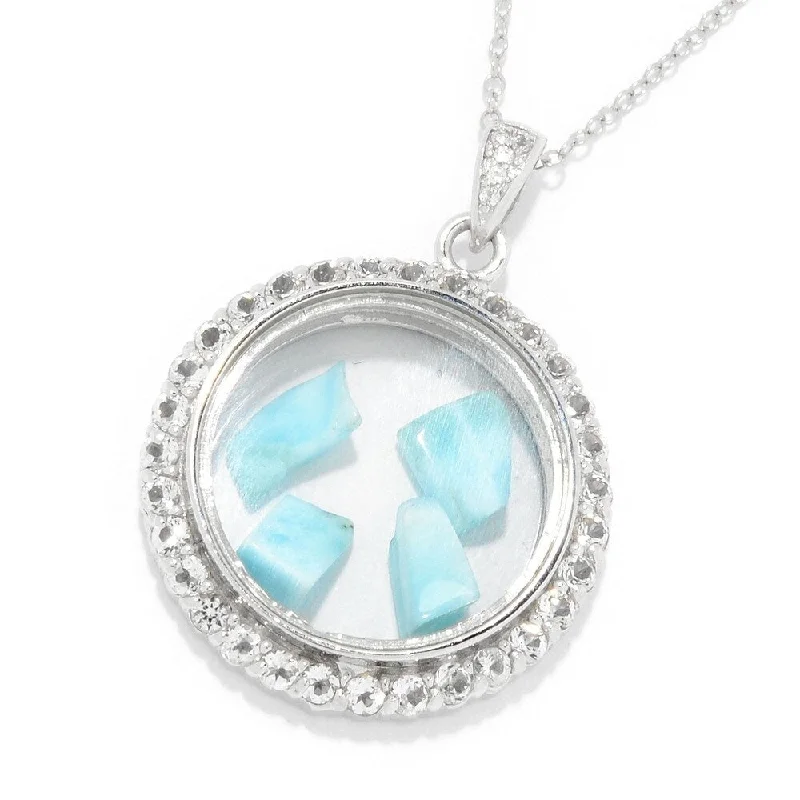 dainty gold initial pendant necklace-Sterling Silver Larimar & White Topaz W/18"+3" Chain Pendant - Blue