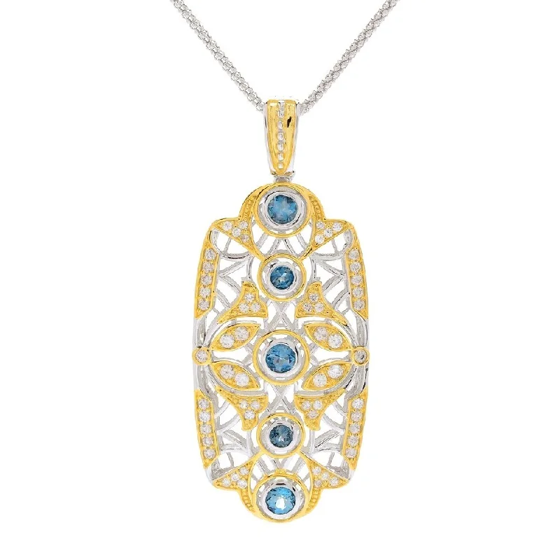 gold heart-shaped pendant necklace with initials-Sterling Silver London Blue Topaz & White Zircon Openwork Enhancer Pendant w/ 24" Chain