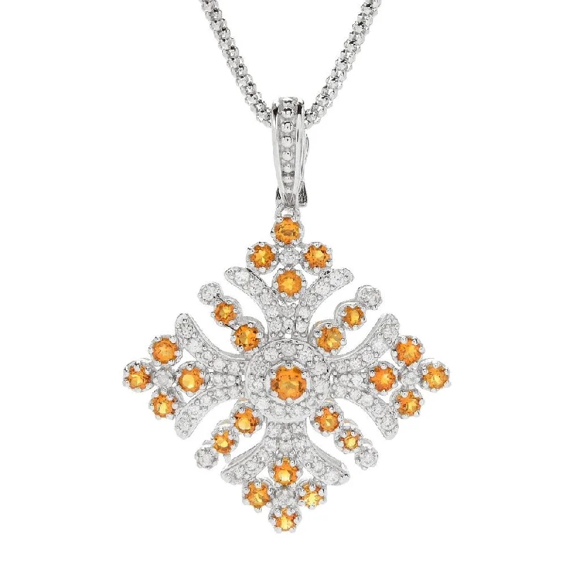 custom circle pendant necklace for her-Sterling Silver White Zircon & Madeira Citrine Cross Enhancer Pendant w/ 18" Popcorn Chain