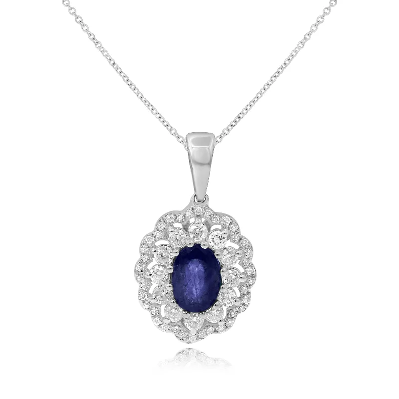 gold pendant necklace for women with initials-0.48ct Diamond and 1.07ct Sapphire Pendant set in 14KT White Gold / P20673C5