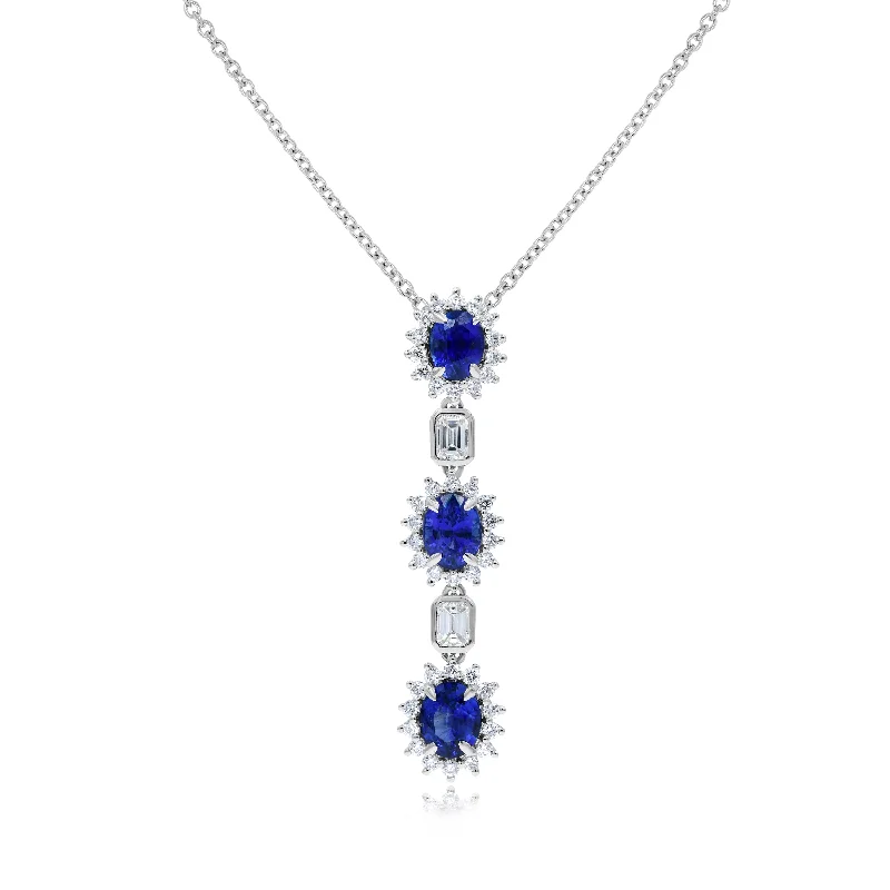 engraved crystal pendant necklace for her-1.13ct Diamond and 3.30ct Sapphire Pendant set in 18KT White Gold / PN212A