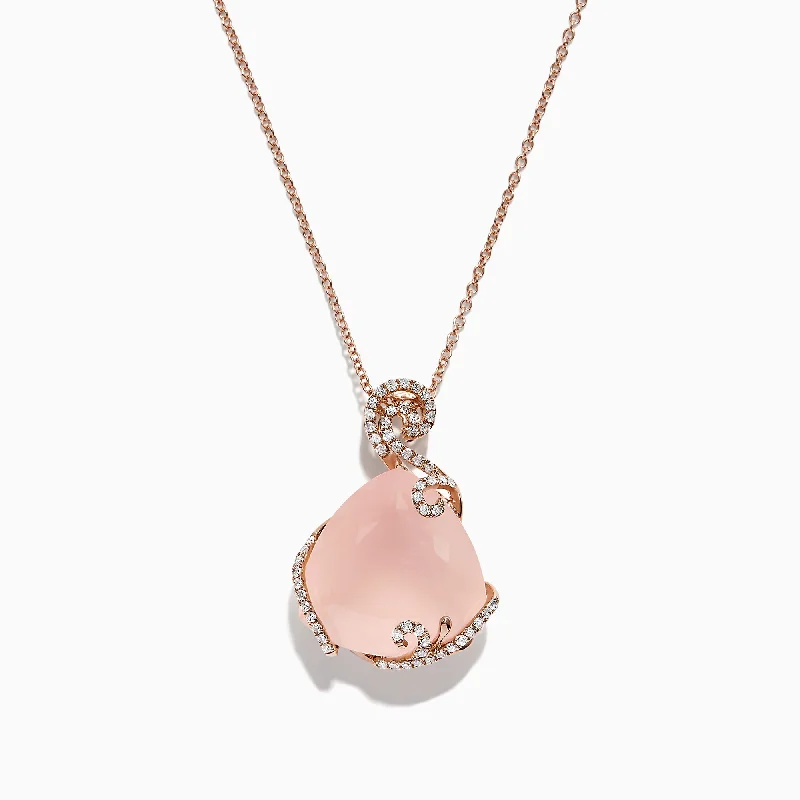 custom name pendant necklace for family-14K Rose Gold Rose Quartz and Diamond Pendant, 16.18 TCW