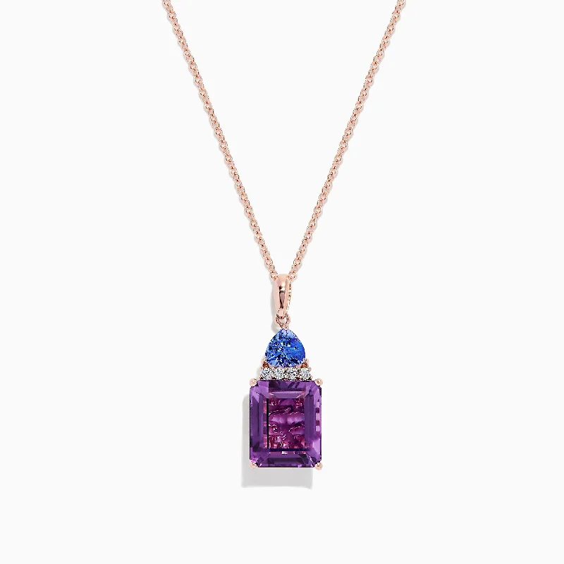 women’s custom pendant necklace with initials-14K Rose Gold Amethyst, Tanzanite and Diamond Pendant, 6.16 TCW