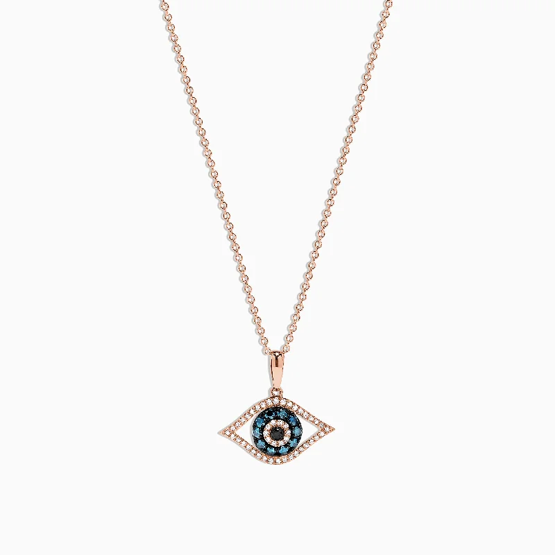 custom letter necklace for couples-14K Rose Gold Blue, White and Black Diamond Evil Eye Pendant, 0.34 TCW