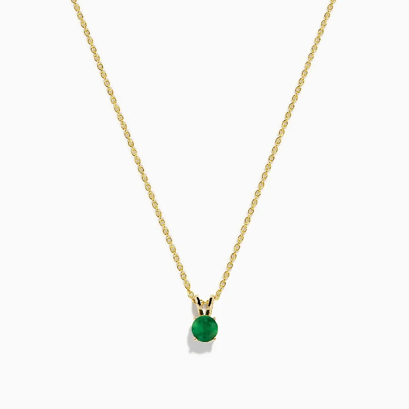 sterling silver pendant necklace with heart charm-14K Yellow Gold Solitaire Round Emerald Pendant, 0.48 TCW