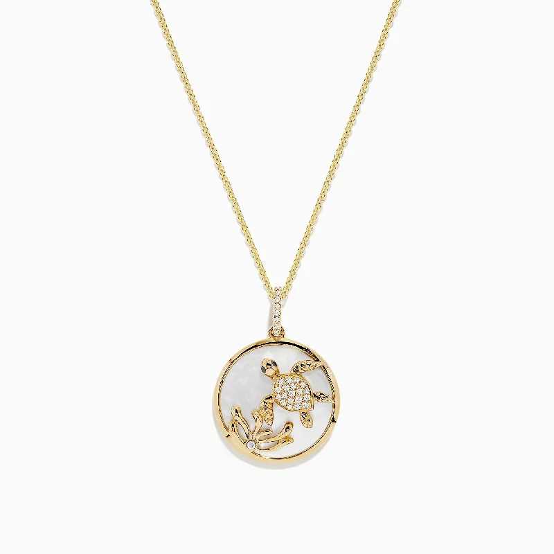 custom celestial star pendant necklace-14K Yellow Gold Mother of Pearl and Diamond Turtle Pendant, 0.13 TCW