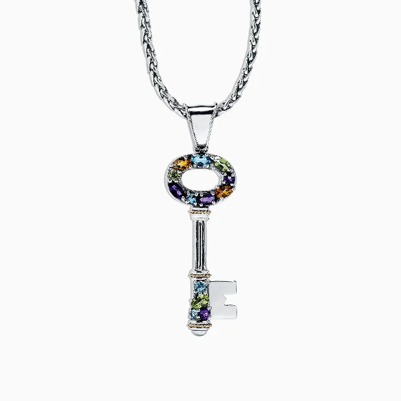 silver pendant necklace with engraved initials-925 Sterling Silver & 18K Gold Multi Gemstone Key Pendant, 2.29 TCW