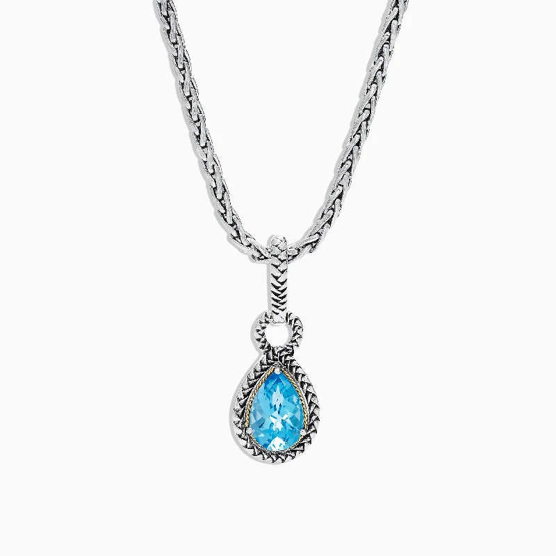 silver charm pendant with gemstone for women-925 Sterling Silver & 18K Yellow Gold Blue Topaz Pendant, 3.14 TCW