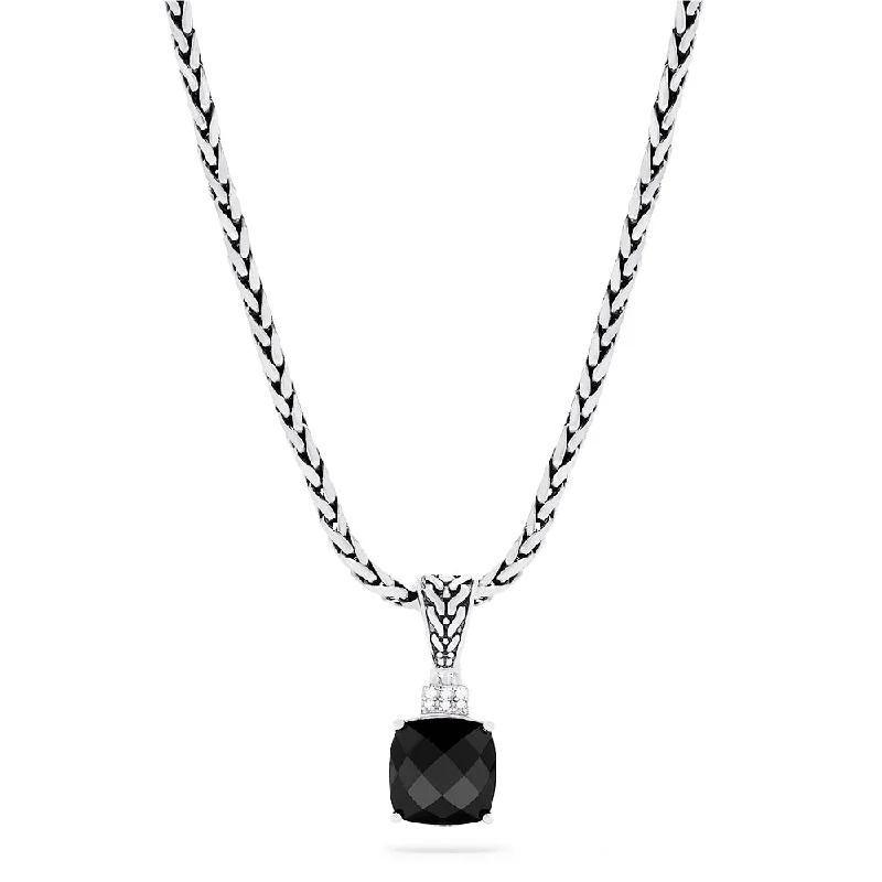 gold crystal heart pendant necklace-925 Sterling Silver Onyx and Diamond Pendant, 4.93 TCW