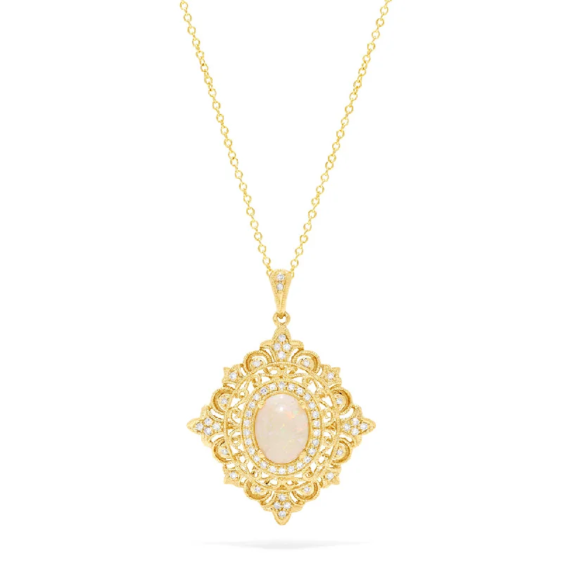 personalized crystal bar necklace with engraving-Aurora 14K Yellow Gold Opal and Diamond Pendant, 1.24 TCW