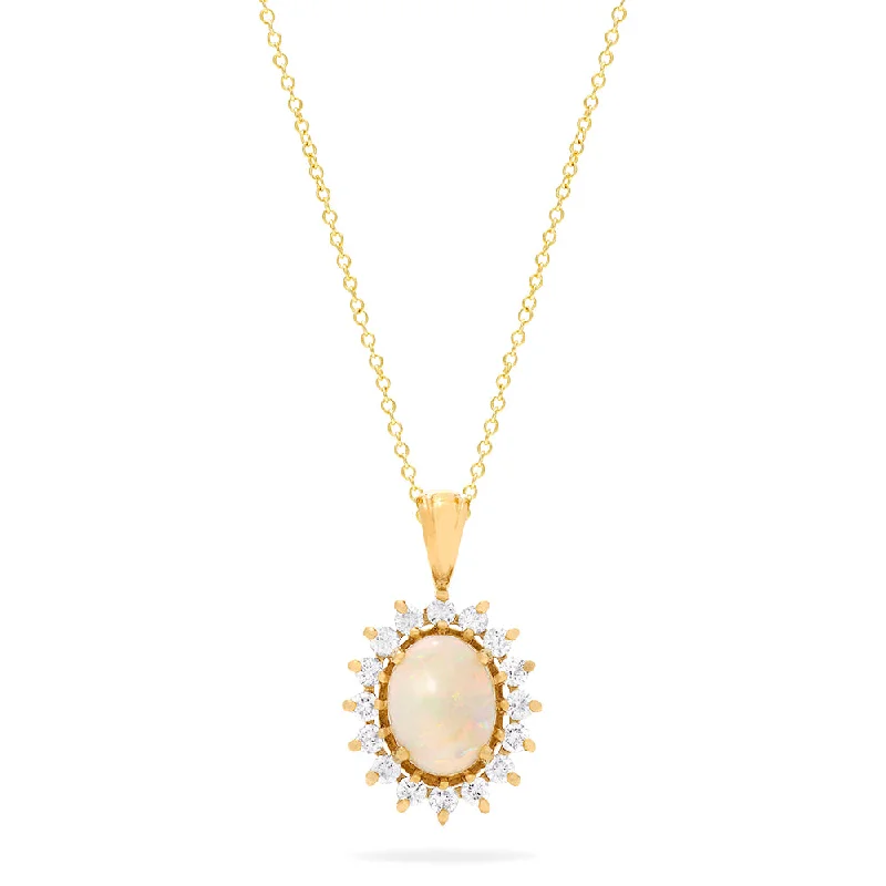 gold pendant necklace for girlfriend with engraving-Aurora 14K Yellow Gold Opal and Diamond Pendant, 1.28 TCW