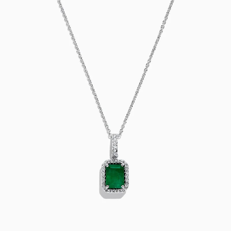 sterling silver pendant necklace for best friend-Brasilica 14K White Gold Emerald and Diamond Pendant, 1.55 TCW