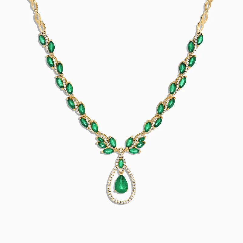 gold crystal pendant necklace for women with names-Brasilica 14K Yellow Gold Emerald and Diamond Necklace, 9.74 TCW