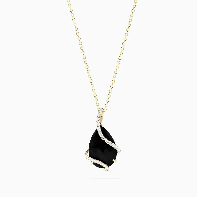 silver chain necklace with engraved pendant-Eclipse 14K Yellow Gold Onyx and Diamond Pendant, 6.29 TCW