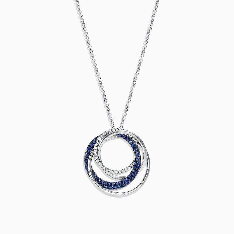 personalized bar pendant necklace for husband-14K White Gold Blue Sapphire and Diamond Pendant, 0.74 TCW