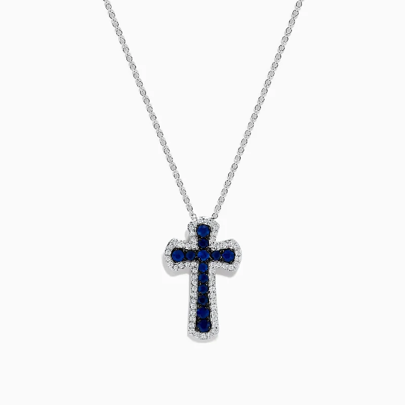 handmade silver initial necklace for men-14K White Gold Blue Sapphire & Diamond Cross Pendant, 0.91 TCW