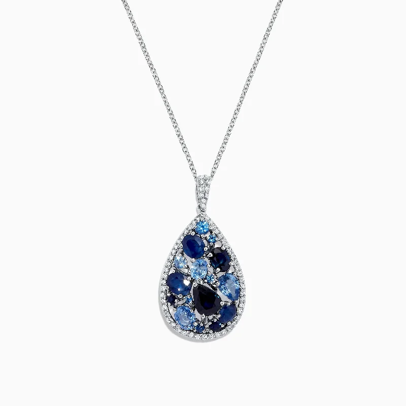 custom silver necklace with zodiac pendant-14K White Gold Sapphire and Diamond Teardrop Pendant, 3.80 TCW