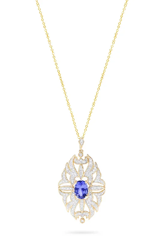 customized engraved charm necklace for her-14K Yellow Gold Tanzanite and Diamond Pendant, 1.57 TCW