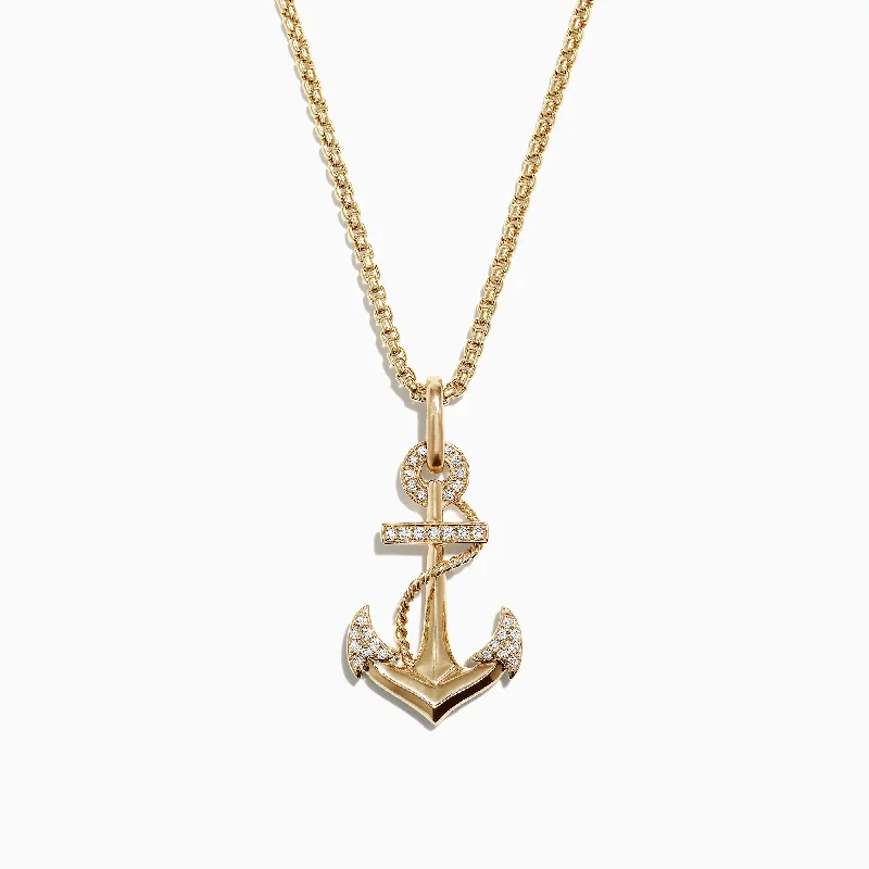 custom pendant necklace with couple’s initials-Mens 14K Yellow Gold Diamond Anchor Pendant, 0.18 TCW