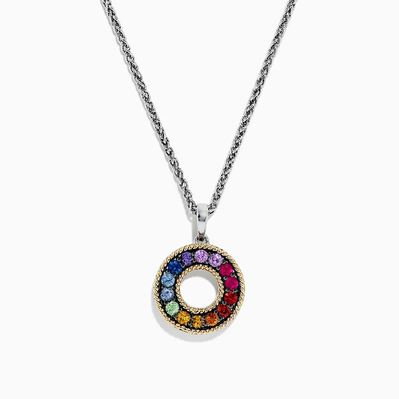 engraved family charm pendant necklace-Mosaic Sterling Silver & 18K Gold Multi Sapphire Pendant, 1.15 TCW