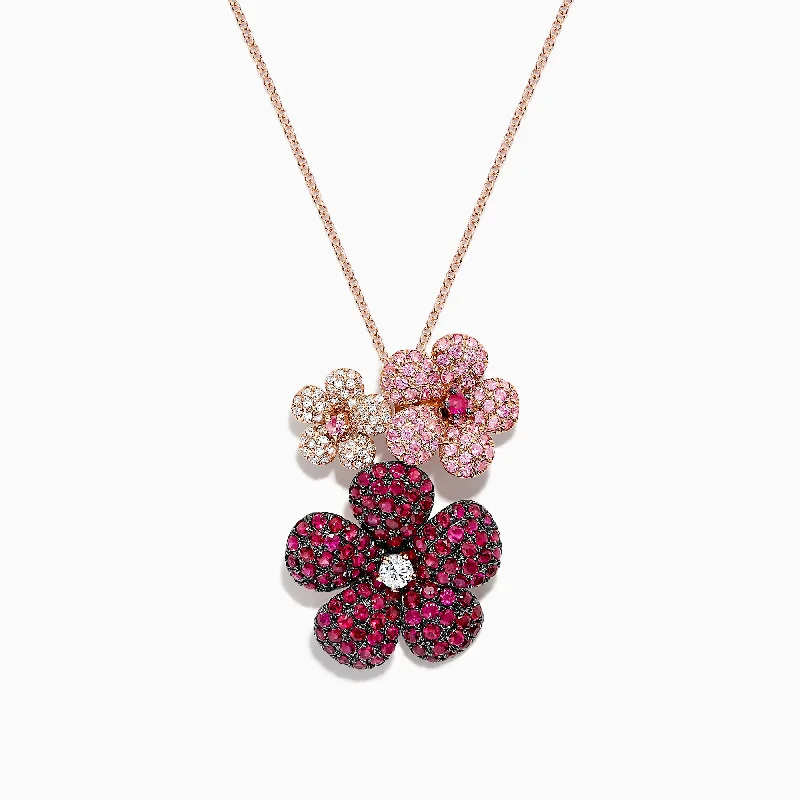 custom pendant necklace for anniversary gift for her-Nature 14K Gold Ruby, Sapphire and Diamond Flowers Pendant, 3.02 TCW