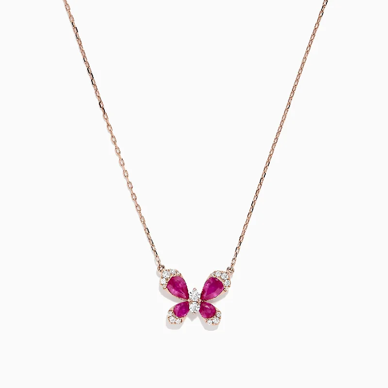 gold crystal pendant necklace for women with names-Nature 14K Rose Gold Ruby and Diamond Butterfly Necklace, 1.62 TCW