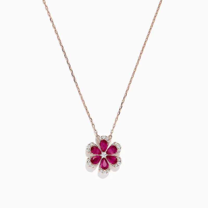 personalized engraved pendant necklace for boyfriend-Nature 14K Rose Gold Ruby and Diamond Flower Necklace, 1.91 TCW