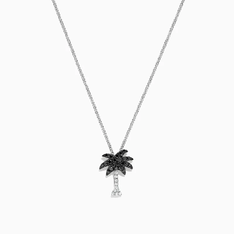 engraved circle pendant necklace with initials-Novelty 14K Gold Black and White Diamond Palm Tree Pendant, 0.27 TCW