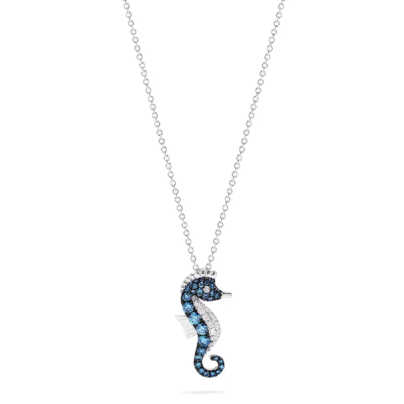 simple gold chain with engraved pendant-Novelty 14K Gold Blue & White Diamond Seahorse Pendant, 0.62 TCW