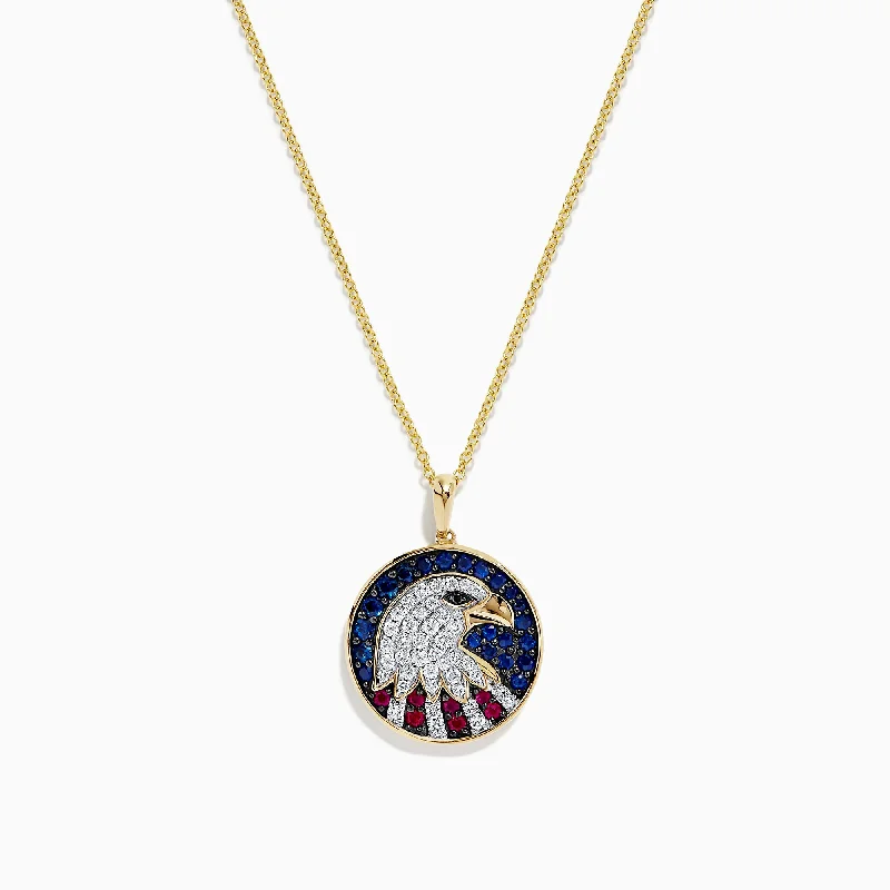 personalized pendant necklace for couples with initials-Novelty 14K Gold Ruby, Sapphire & Diamond Eagle Head Pendant, 1.06 TCW