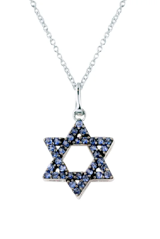 gold crystal pendant necklace for bridesmaid-Novelty 14K White Gold Blue Sapphire Star of David Pendant, 0.36 TCW