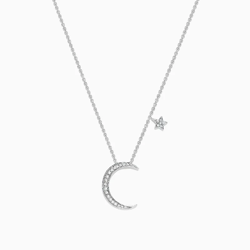 custom silver pendant necklace with crystal stone-Novelty 14K White Gold Diamond Crescent & Star Necklace, 0.09 TCW