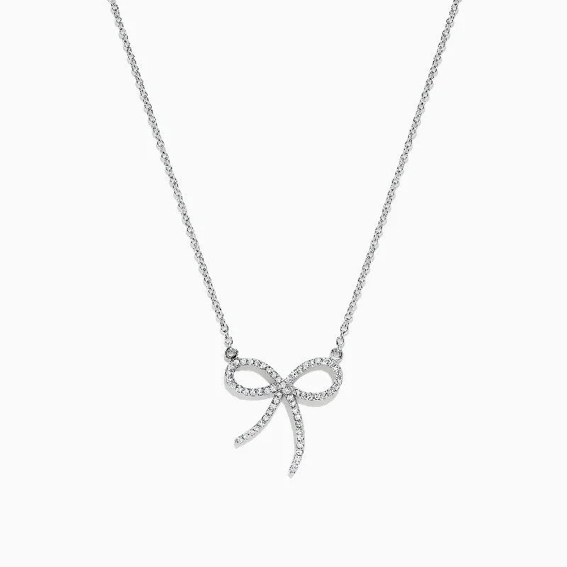 sterling silver name pendant necklace for dad-Novelty 14K White Gold Diamond Ribbon Pendant, 0.18 TCW