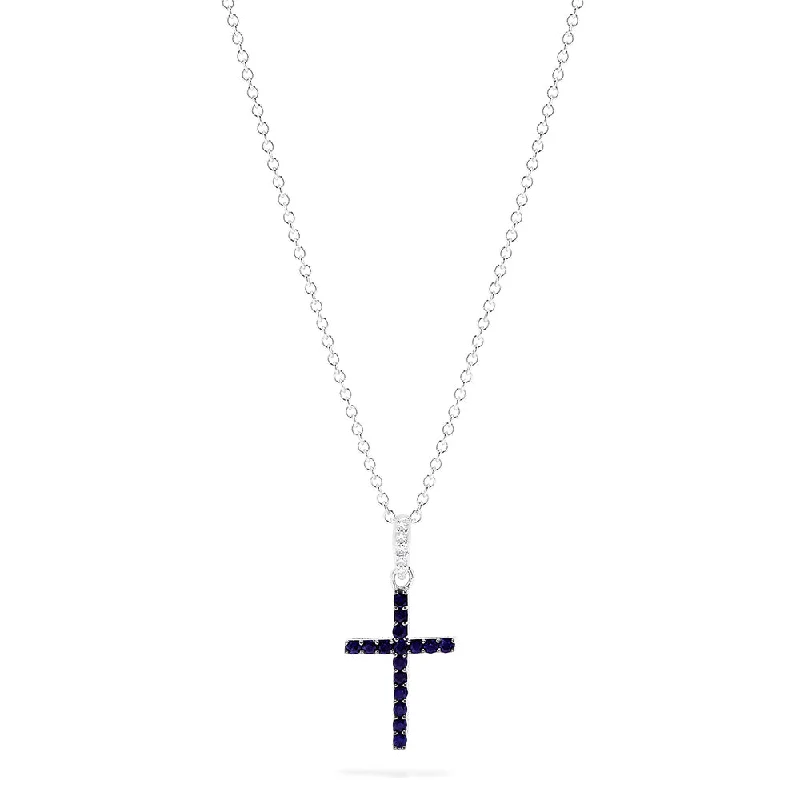 custom engraved star pendant necklace for women-Novelty 14K White Gold Sapphire and Diamond Cross Pendant, 0.19 TCW