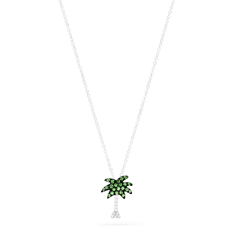 engraved pendant necklace for birthday gift-Novelty 14K White Gold Tsavorite & Diamond Palm Tree Pendant, 0.29 TCW