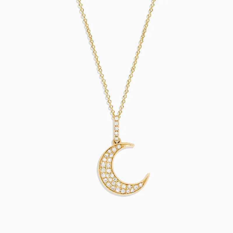 simple gold pendant necklace with family engraving-Novelty 14K Yellow Gold Diamond Crescent Moon Pendant, 0.13 TCW