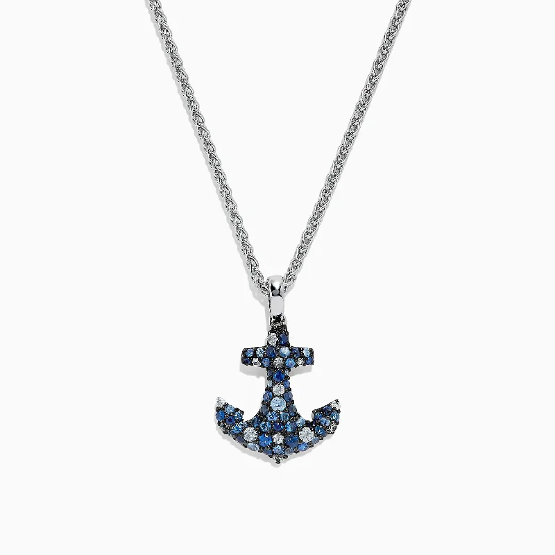 gold heart pendant necklace with family names-925 Sterling Silver Blue Sapphire Splash Anchor Pendant, 1.40 TCW