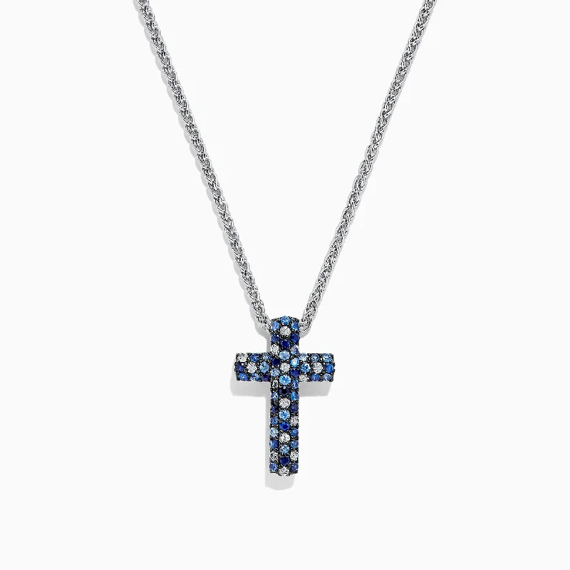 personalized crystal pendant necklace for anniversary-925 Sterling Silver Blue Sapphire Splash Cross Pendant, 0.95 TCW