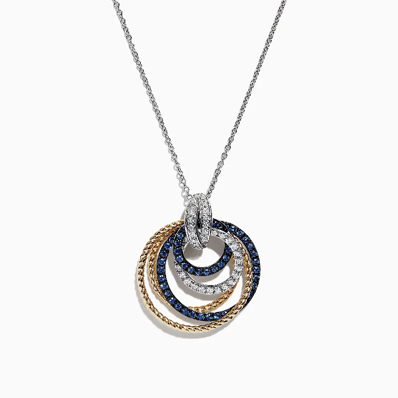 personalized pendant necklace with family name engraving-Royale Bleu 14K 2-Tone Sapphire and Diamond Circles Pendant, 1.09 TCW