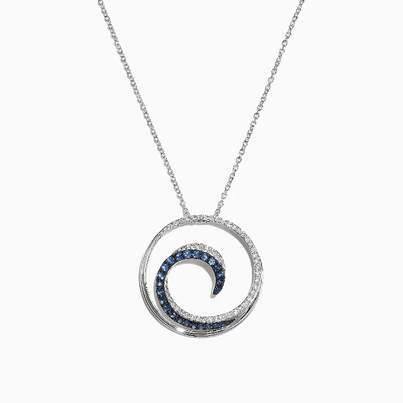 gold pendant necklace with engraved name-Royale Bleu 14K White Gold Sapphire & Diamond Wave Pendant, 0.49 TCW