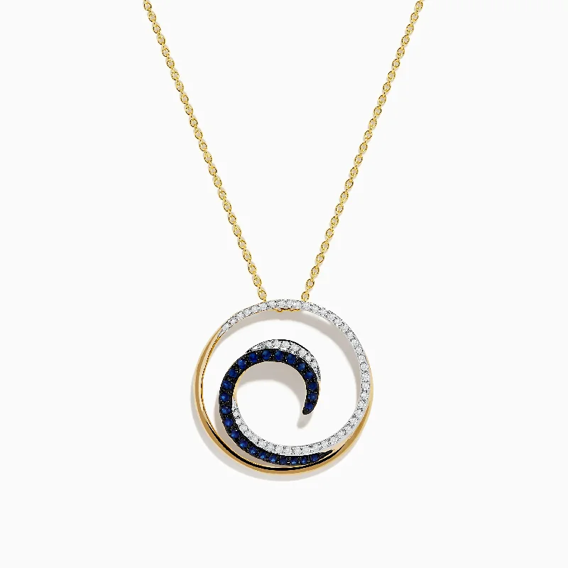 engraved pendant necklace for best friend-Royale Bleu 14K Yellow Gold Sapphire & Diamond Wave Pendant, 0.49 TCW