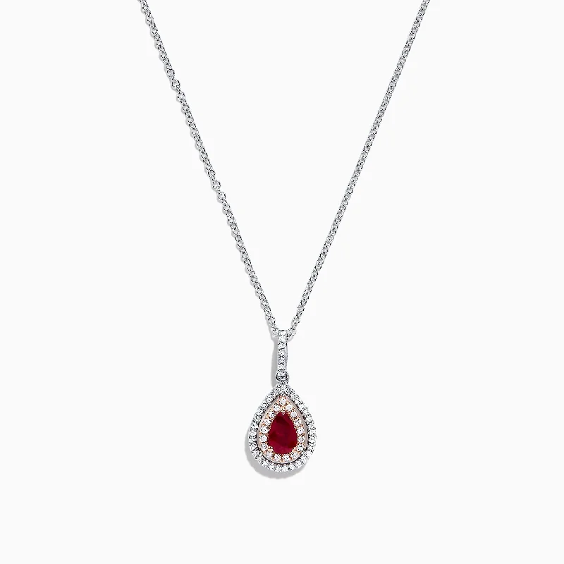 personalized pendant necklace with angel wings-Ruby Royale 14K Two Tone Gold Pear Shaped Ruby Pendant, 0.68 TCW