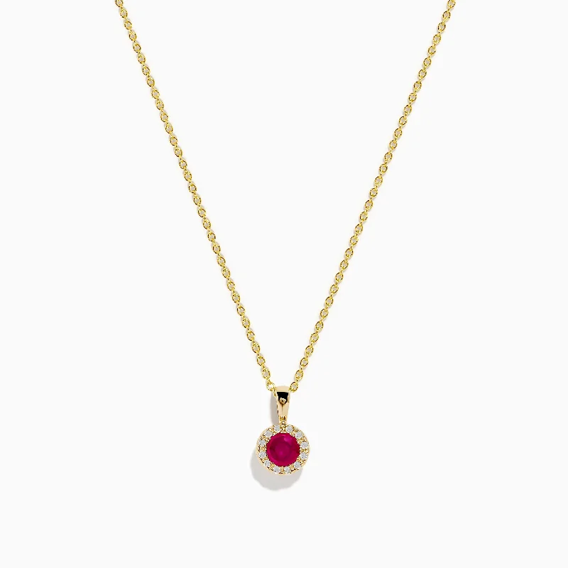 engraved silver name pendant for mom-Ruby Royale 14K Yellow Gold Round Diamond Halo Ruby Pendant, 0.49 TCW