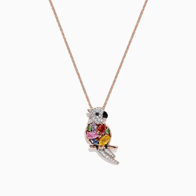 silver pendant necklace with engraved message for him-Safari 14K Rose Gold Multi Sapphire & Diamond Parrot Pendant, 1.23 TCW