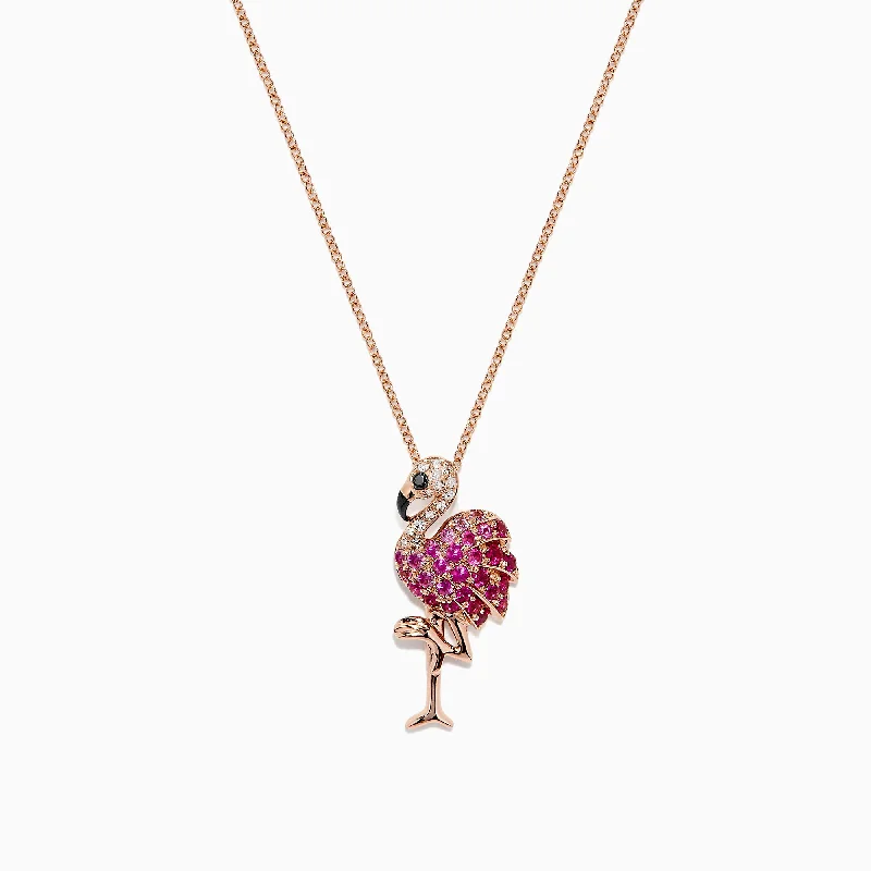 engraved crystal pendant necklace for sister-Safari 14K Rose Gold Ruby and Diamond Flamingo Pendant, 0.64 TCW