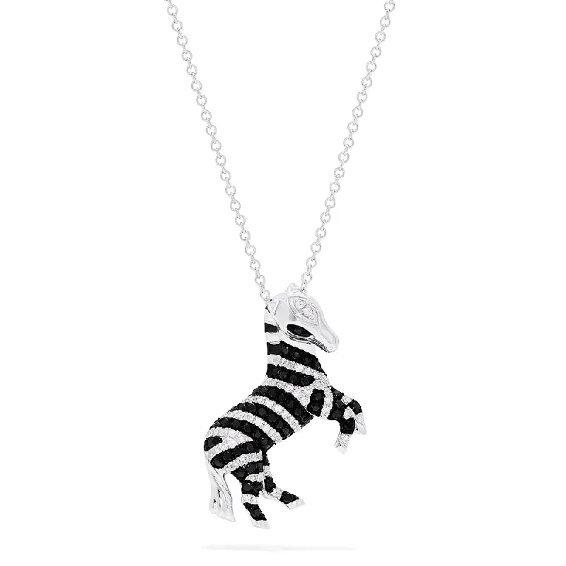 silver charm pendant necklace with family names-Safari 14K White Gold Black and White Diamond Zebra Pendant, 0.50 TCW