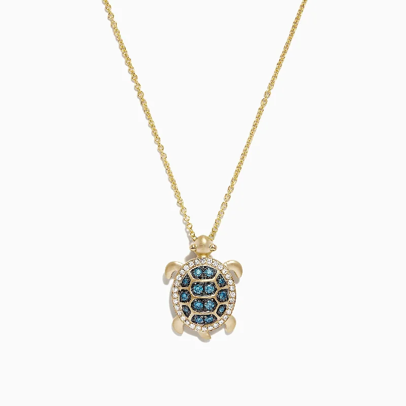 sterling silver nameplate necklace with charm pendant-14K Yellow Gold Blue and White Diamond Sea Turtle Pendant, 0.41 TCW